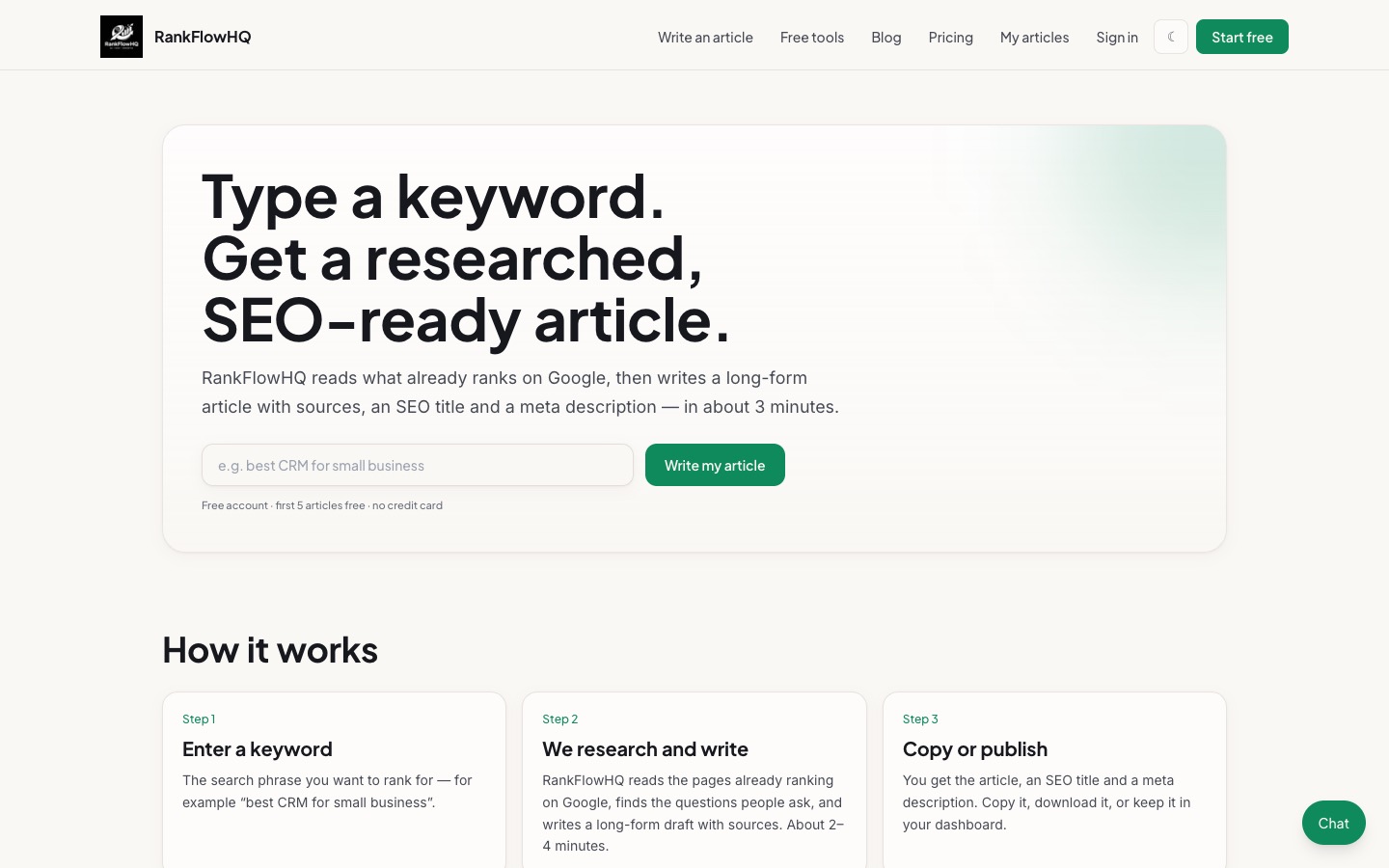 RankFlowHQ homepage: type a keyword, get a researched, SEO-ready article